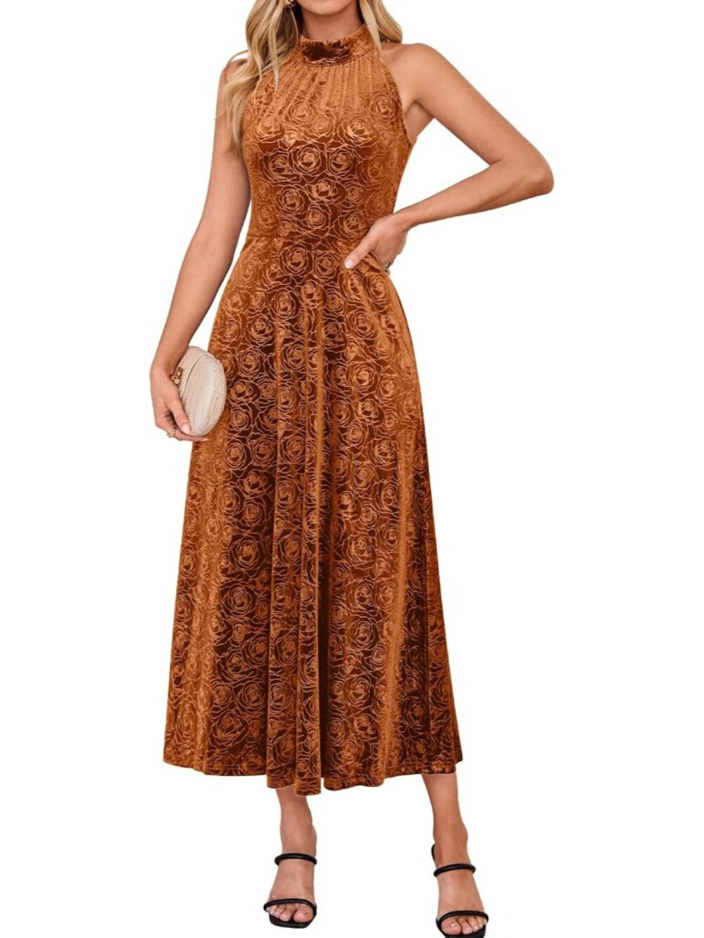 Women's Orange Brown Velvet Halter Floral Aline Sleeveless Wedding Maxi Dresses